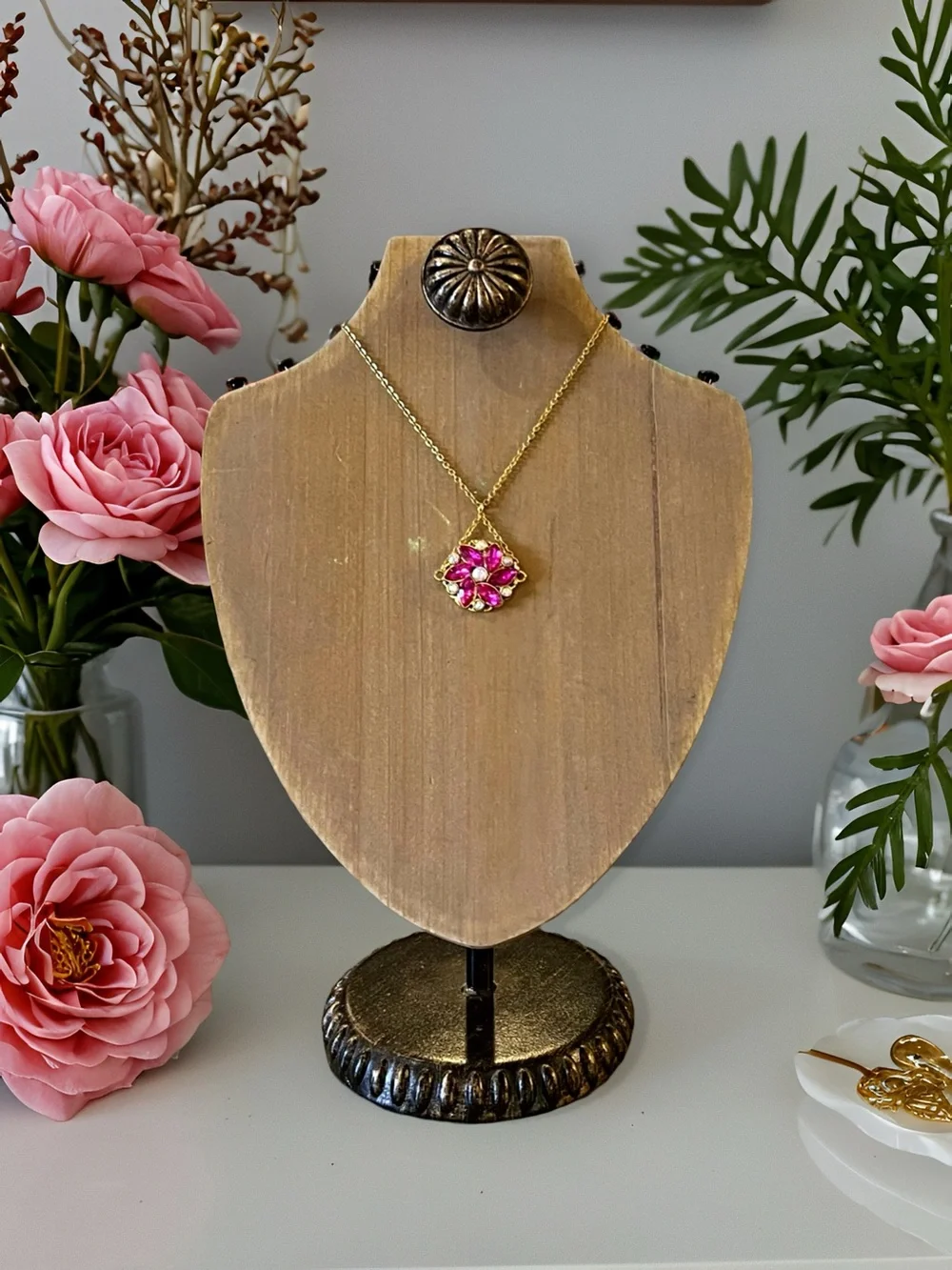Gold-Tone Fuchsia Crystal Flower Pendant Necklace and Earring Set